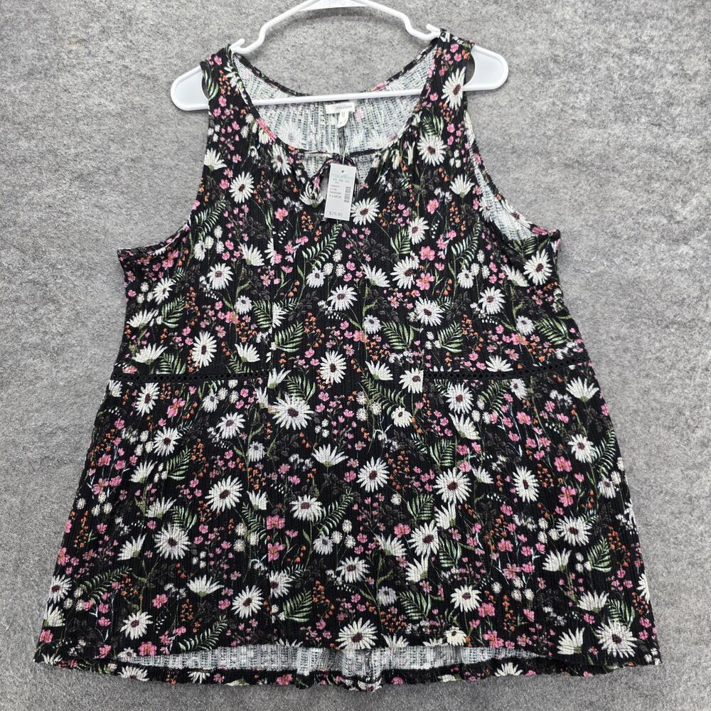 Maurices Shirt Womens XL Black Floral Sleeveless Tank Top Babydoll Tie Neck